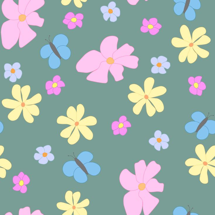 Spring Flowers and Butterflies on Green Background Large Tile Pattern